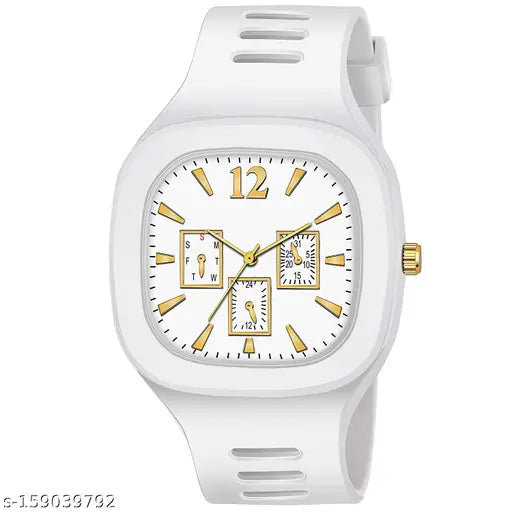 Men's analog watch with orange hands, white face, black strap