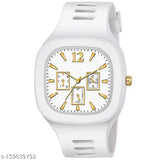 Men's analog watch with orange hands, white face, black strap