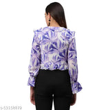Blue chiffon puff sleeve V-neck top, featuring a solid pattern and perfect fit for women's night or day outings