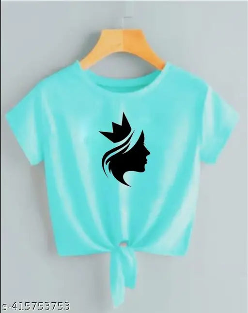 Sea Green Lycra crop top with black queen print, short sleeves, round neck for women (S: Bust 32in, Length 18in)