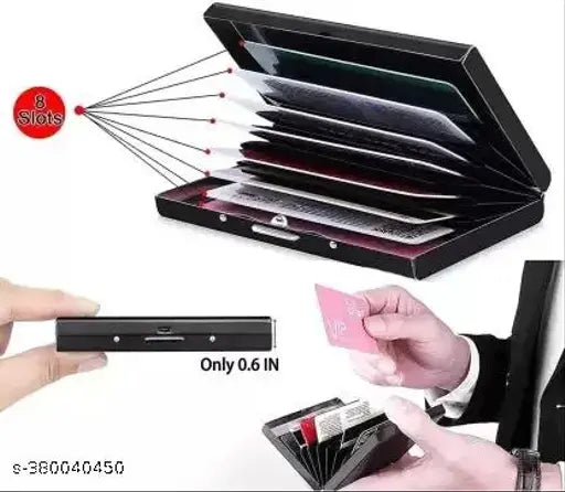 Black water-resistant stainless steel business card holder, RFID protected for 6 cards