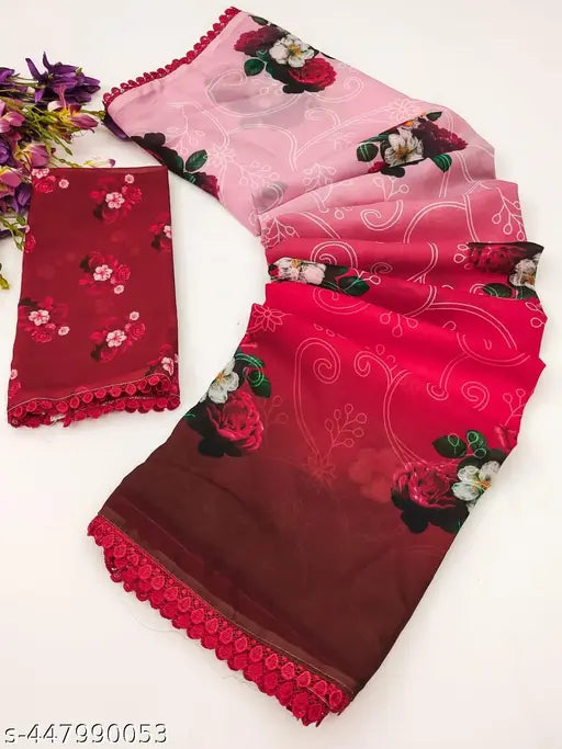 Red floral patterned saree with matching dupatta, traditional lace detailing