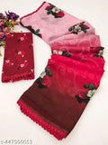 Red floral patterned saree with matching dupatta, traditional lace detailing