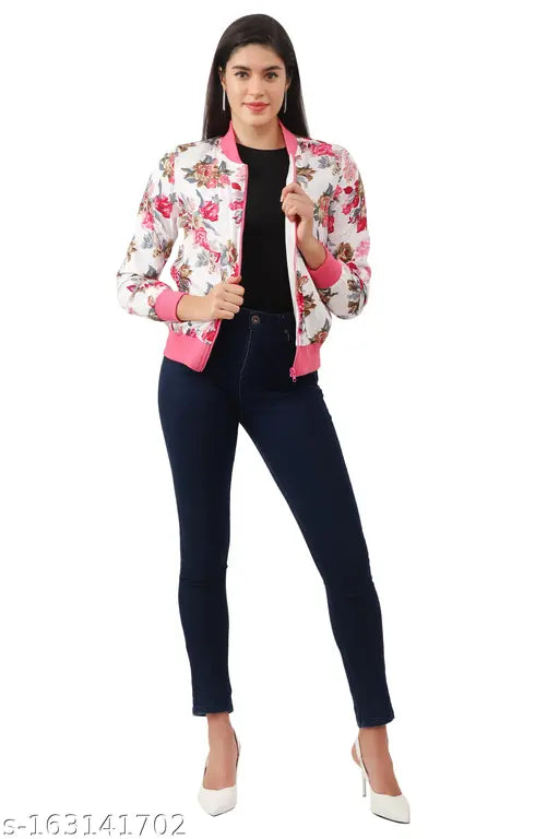 NUEVOSDAMAS Long Sleeve Floral Print Women's Jacket, crepe fabric & poly knit lining, ribbed highneck, essential pocket