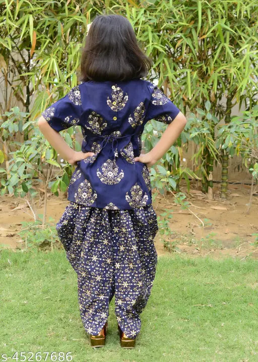 Blue floral printed rayon kurta & dhoti pant set for baby girl, soft touch feel, A-line top and dhoti pants, 3-4 years size