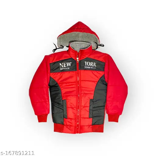 Red and black puffer jacket with hoodie