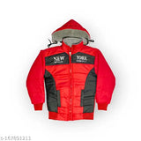 Red and black puffer jacket with hoodie