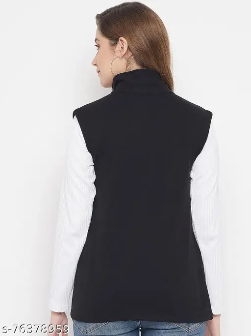 Black fleece sleeveless open-front jacket for women, solid design by Nock, size L with bust size 36 in and length size 25 in