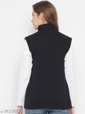 Black fleece sleeveless open-front jacket for women, solid design by Nock, size L with bust size 36 in and length size 25 in