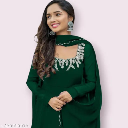 Green Georgette Anarkali Gown, solid floral pattern, long sleeves, N=1, size options: S, M, L, XL, XXL. Embroidery power alert! Blossom in style with this vibrant green dress and matching dupatta