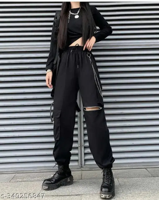 Solid cotton cargo pants for women with knee zippers and waist chains, ideal for outdoor adventures or casual style