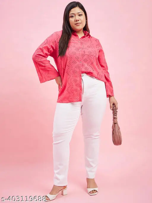 Solid cotton long-sleeved Austivo Shiply embroidery women's top in dirty pink, India origin