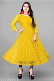 Embroidery green printed long gown, elegant net fabric 3/4 sleeve, round neck party wear for women