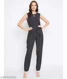 Black printed crepe waist-tie jumpsuit with boat neck, sleeveless, on model