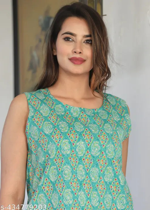 Attractive cotton printed green sleeveless top & shorts nightsuit for women - comfortable, breathable, stylish