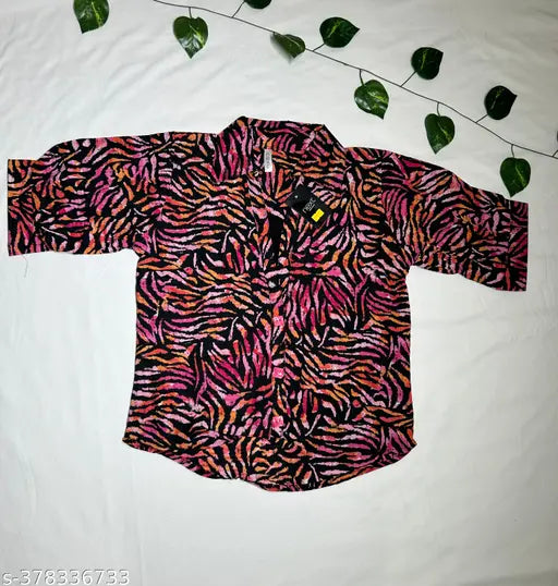 Multi-colour printed crepe casual shirt, vibrant floral pattern, women's relaxed fit, India origin