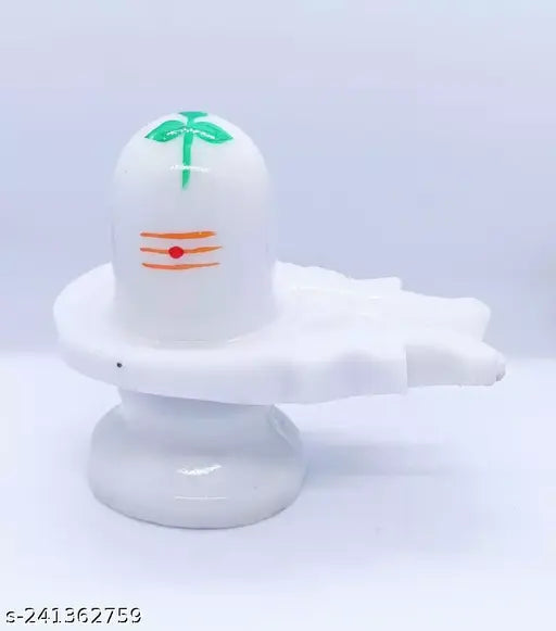 White poly resin Hindu God Lord Bhole Baba / Mahadev Shivling handicraft decorative spiritual idol, 11cm (L) x 10cm (H) x 6cm (B), used for Pooja Mandir interior decoration or tabletop displays. Perfect for gifting on special occasions like marriage anniversaries, housewarming, and festivals. Crafted with artificial marble and washable with water and milk. Originated from India