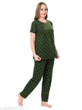 Green printed hosiery cotton pyjama set, short-sleeved nightsuit top and bottom on display