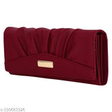 A burgundy hands clutch purse with multiple card slots and a phone pocket