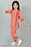 Green cotton printed kurti and pyjama set for girls, three-quarter sleeves, above knee length, Indian origin