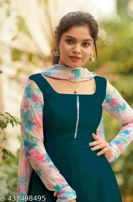 Pastel-shaded Georgette rama gown with long sleeves, perfect for a fresh, full-sleeve western look. Made in India