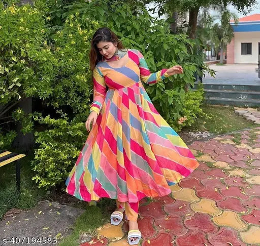 Striped Georgette party gown for women (S-XXL), Indian craftsmanship showcased