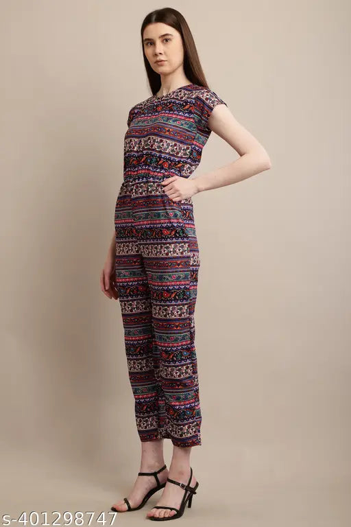 Multi floral print crepe jumpsuit for women and girls, trendy summer fashion on model