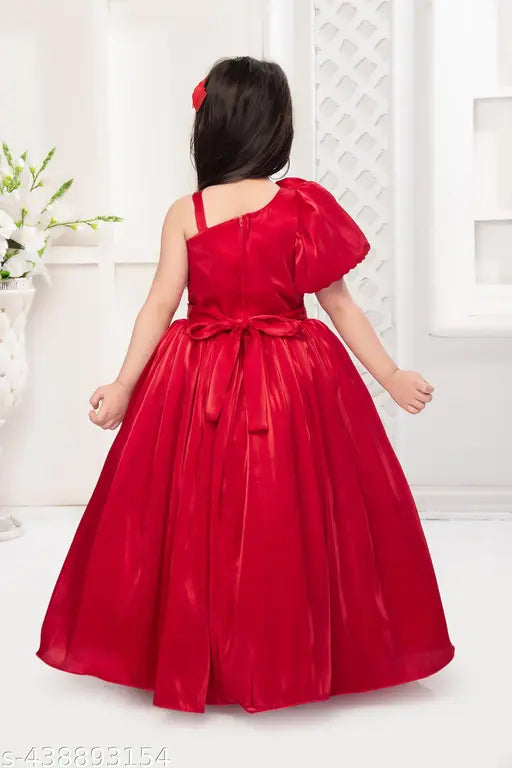 Red velvet kids party dress with ruffled sleeves