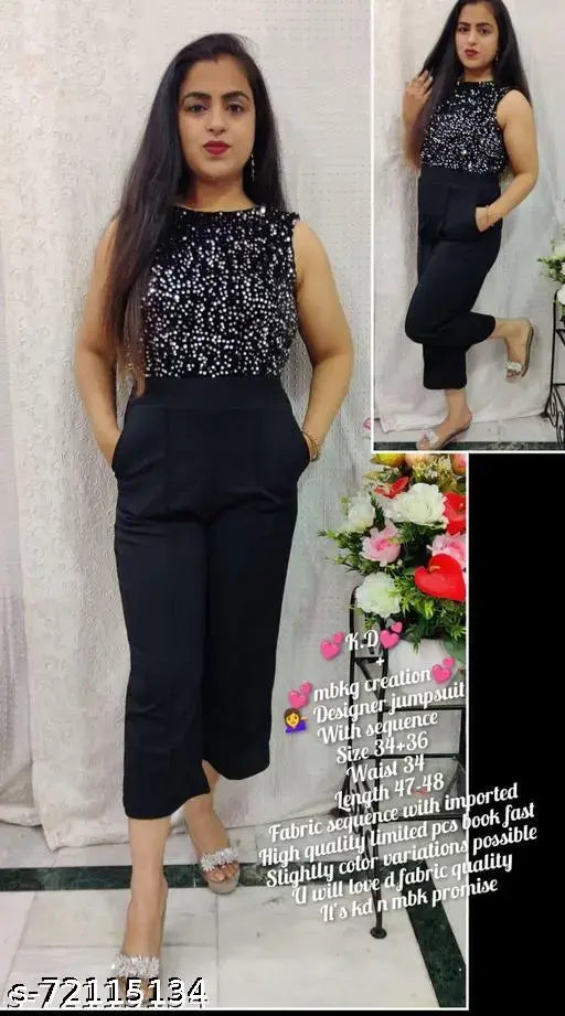 DP 0 Silver Sequence cotton cambric sleeveless jumpsuit, embellished with imported high-quality fabric sequence. Size 34/36, waist 34, length 47-48 inches. Stylish designer jumpsuit, dare to be different. Made in India