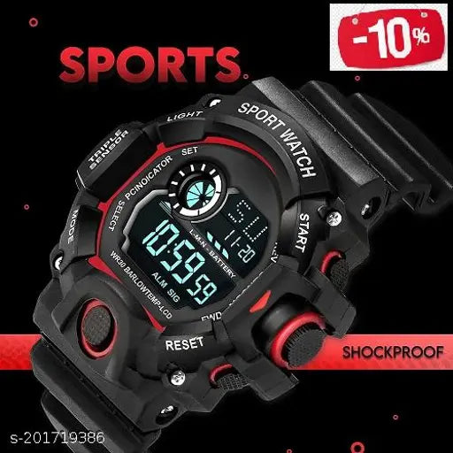 Digital sports watch with black strap and digital display