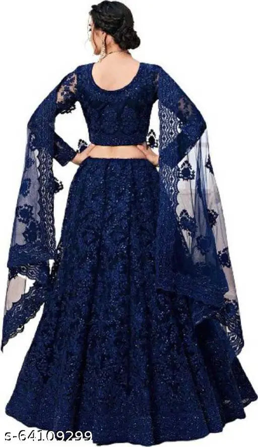 Silk blend, embroidered Indian Lehenga Choli with net dupatta, showcasing Bollywood-inspired fashion