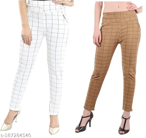 Trendy white and beige checked net Lycra soft jeggings for women, ankle length with two pockets, comfortable and fashion-forward, size 26, 28, 30, 32 (India)
