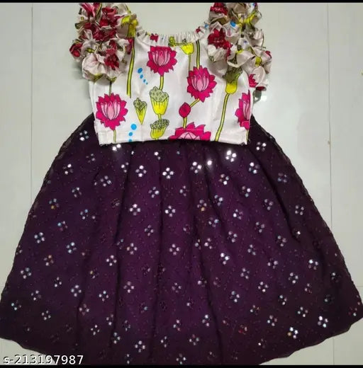 Kids Baby Girls Classic Rayon-Satin Lehenga Choli set with short sleeves, embroidered lehenga and printed top. India origin