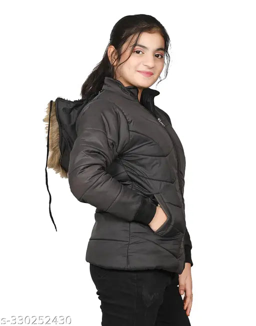 Black jacket, hooded, front pockets, youth style