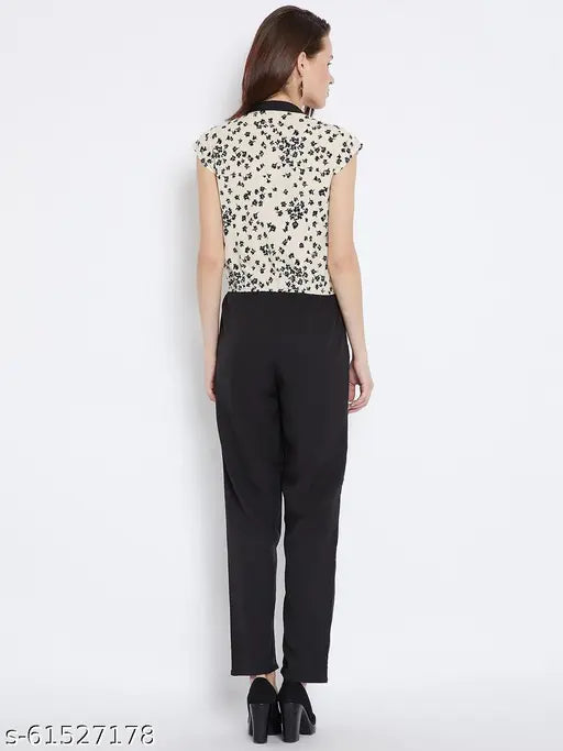 Crepe cream & black printed jumpsuit (India), women's fashion wear with short sleeves