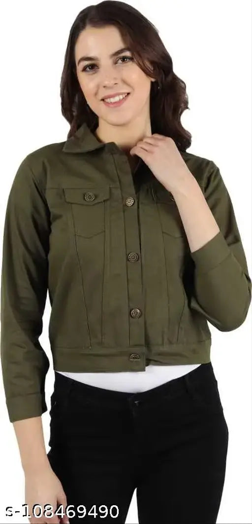 Olive colorblocked denim jacket, long sleeves, women's full sleeve, India-made denim wear