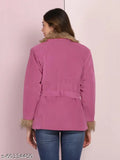 Pink velvet winter coat jacket, imported velvet with fur collar and sleeves, belted and buttoned closure, long sleeve, solid pattern, women's garment from Dimpy Garments