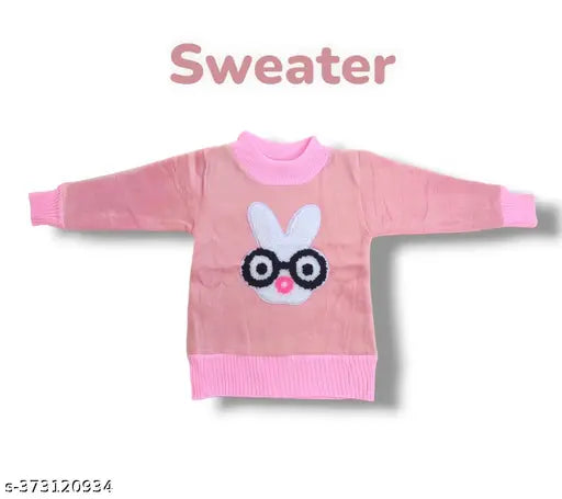 Pink acrylic sweater, round neck, baby girl cartoon face pattern, self-design embroidery