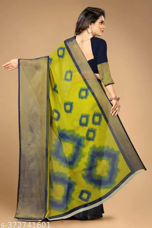 Trendy rimzim Collection chiffon saree with big zari border, unstitched blouse for parties or traditional wear. Indian-made chiffon saree with printed pattern, free size (5.5m/0.8m)