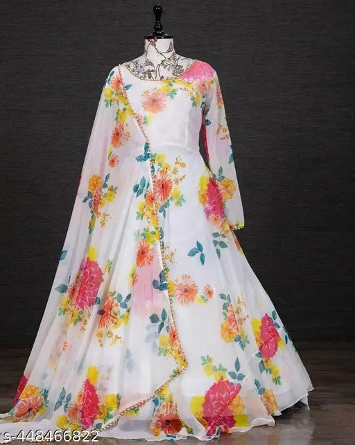 White georgette full sleeve ankle length flower printed ethnic western gown with aline flared dupatta and inner, ideal for parties, weddings, or everyday wear
