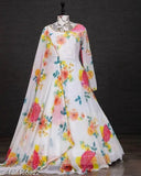 White georgette full sleeve ankle length flower printed ethnic western gown with aline flared dupatta and inner, ideal for parties, weddings, or everyday wear