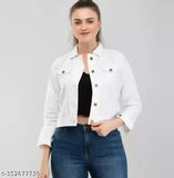 White denim jacket with black sleeves, cropped cut, casual style