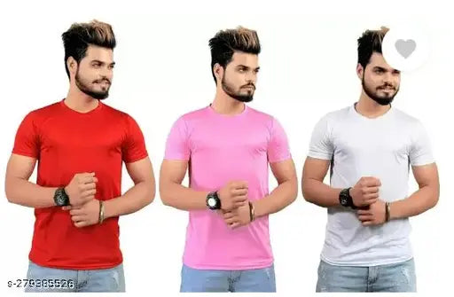 Fancy poly blend men's short sleeved t-shirt set, solid color, three pieces in sizes S, M, L, XL. Made in India