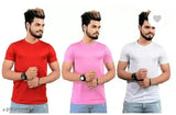 Fancy poly blend men's short sleeved t-shirt set, solid color, three pieces in sizes S, M, L, XL. Made in India