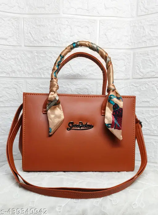 Stylish sling handbag for girls and women with a logo, brown leather with multicolored straps