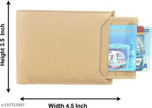 Beige PU leather men's wallet, 5 card slot, perfect for daily use & fashionable gifting. Hand-crafted, ultra slim, features secret slots & coin pocket