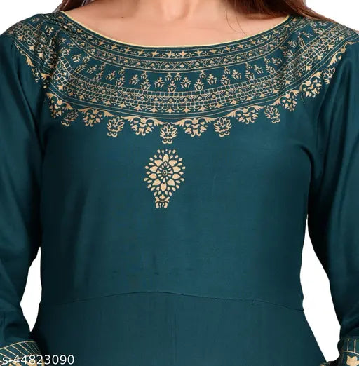 Gold-print cotton anarkali kurti with dupatta, solid pattern, three-quarter sleeves for women. Indian handcrafted traditional attire on mannequin