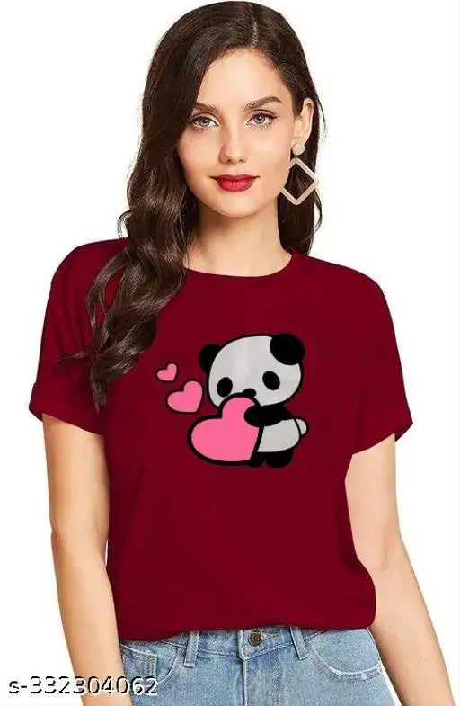 Heart Panda print cotton t-shirt, women's regular size, 100% cotton, pack of 1 - ladies fashion top for summer, India origin