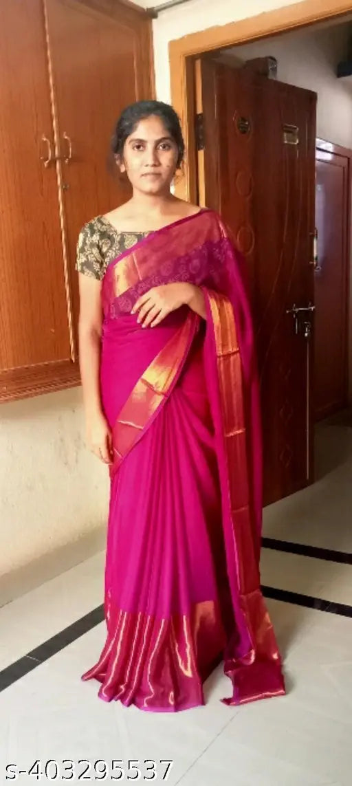 Golden chiffon saree with trendy zari border, perfect for festive and traditional wear, Indian-made, free size (5.2m x 0.8m)