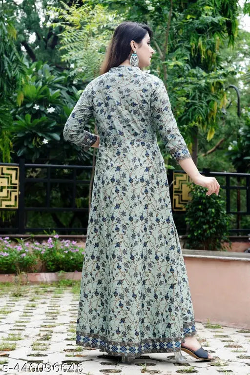 Peach rayon anarkali gown, three-quarter sleeves, printed combo, mandarin neck with wooden show buttons, all-day comfort for casual or festive events, country of origin: India
